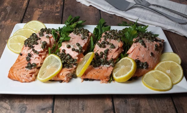 Salmon roasted in the oven with capers