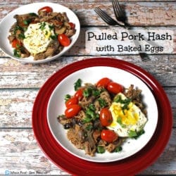 Pulled Pork Hash with Baked Eggs. A clean eating, whole food recipe. No refined ingredients. Great meal for leftover pulled pork!