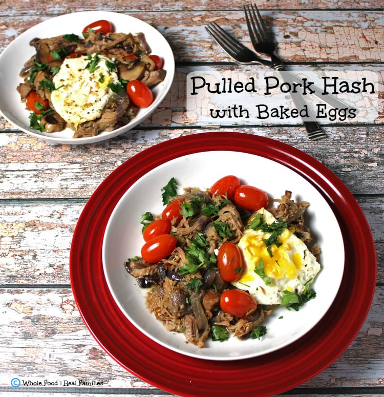 Pulled Pork Hash with Baked Eggs. A clean eating, whole food recipe. No refined ingredients. Great meal for leftover pulled pork!