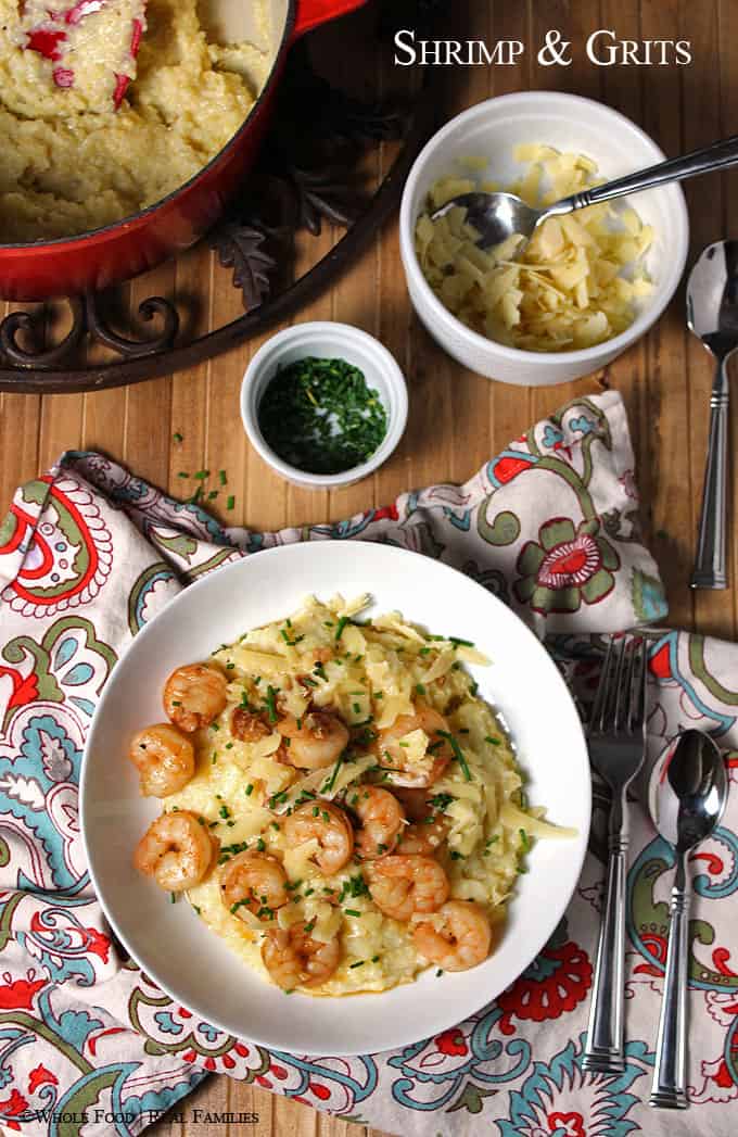 Lowcountry Shrimp and Grits. An easy, whole food, healthy recipe. No refined ingredients. 