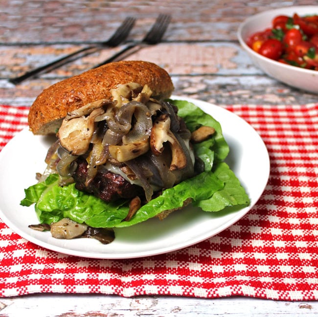 Burger with Caramelized Onions and Mushrooms. A clean eating, whole food recipe. No refined ingredients.