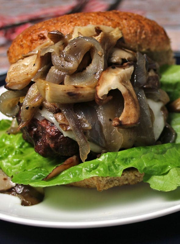 Burger with Caramelized Onions and Mushrooms. A clean eating, whole food recipe. No refined ingredients.