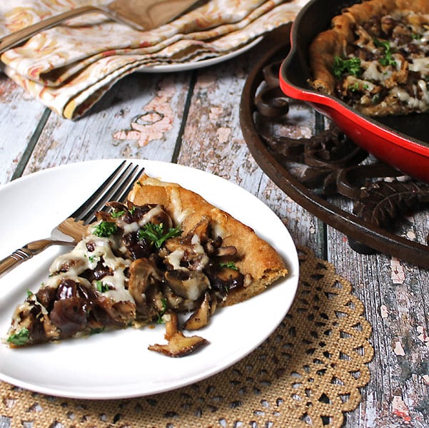 Skillet Pie with Mushrooms and Caramelized Onions. A clean eating, whole food recipe. No refined ingredients.