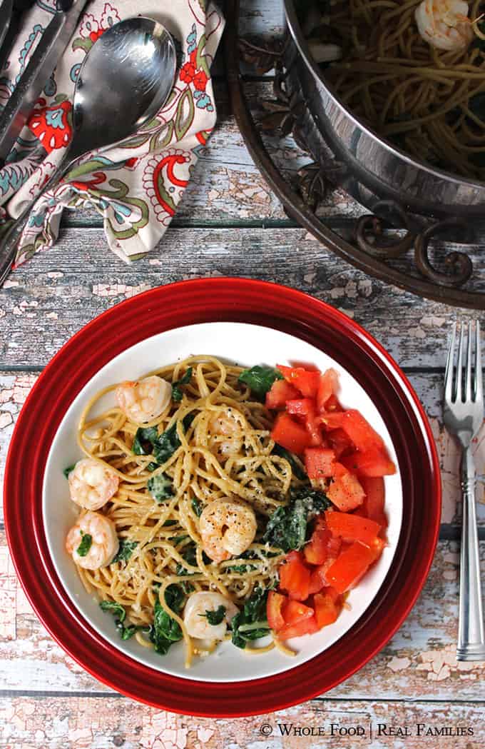 Garlicy Pasta with Sauteed Shrimp and Chard. A clean eating, whole food recipe. No refined ingredients.