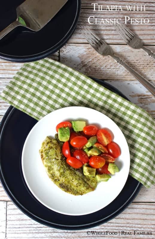 Tilapia with Classic Pesto. A clean eating, whole food recipe. No refined ingredients.