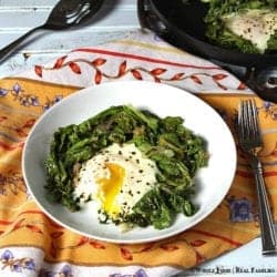 Sauteed Chard with Baked Eggs is a delicious way to eat your veggies for breakfast. A whole food, healthy recipe. No refined ingredients.