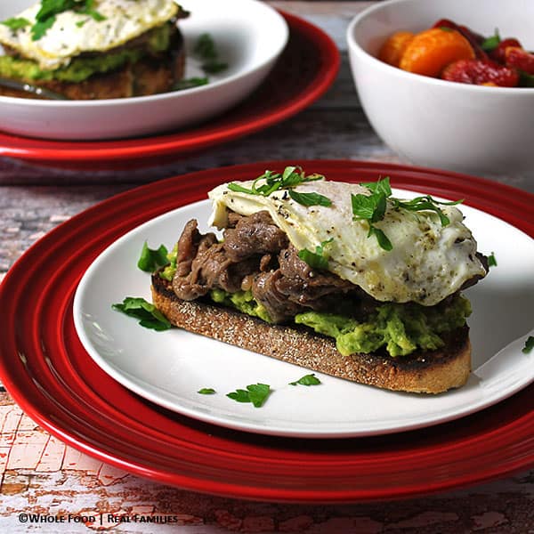 Avocado Crostini with Beef and Eggs.