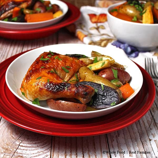 Honey Sriracha Chicken with Fingerling Potatoes, Carrots and Parsnips