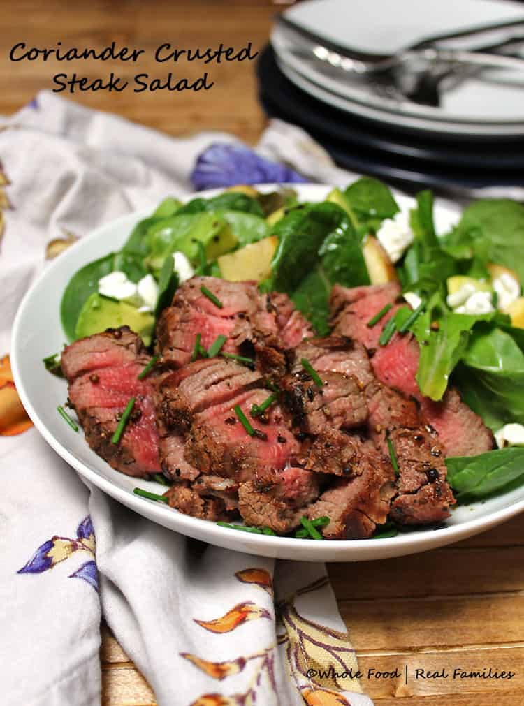Coriander Crusted Steak Salad is flavorful and cooks and assembles quickly. Perfect with steak from the grill or use up leftover steak from previous meals.