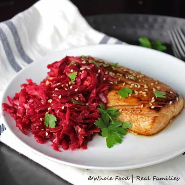 Asian Marinated Mahi Mahi with Beet Red Kraut | My Nourished Home image.