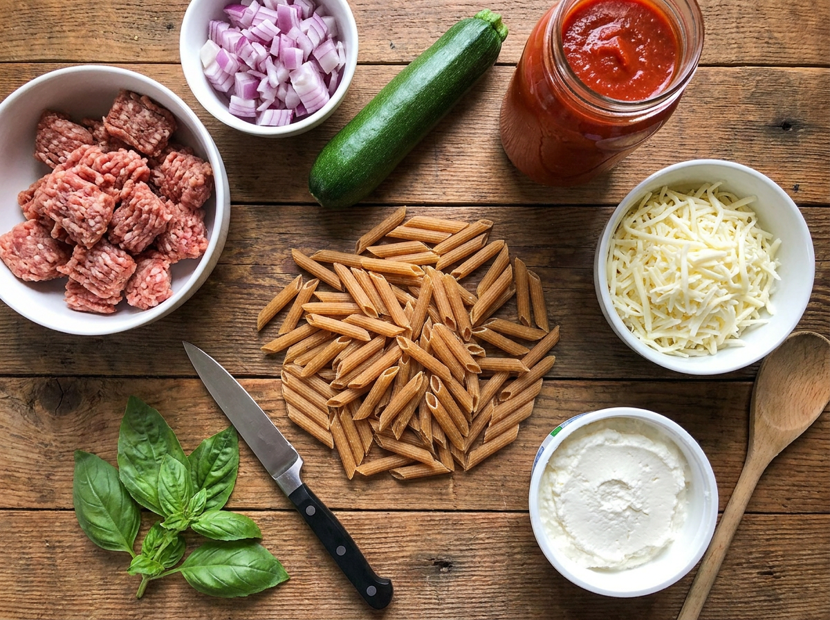 baked pasta sausage and zucchini ingredients