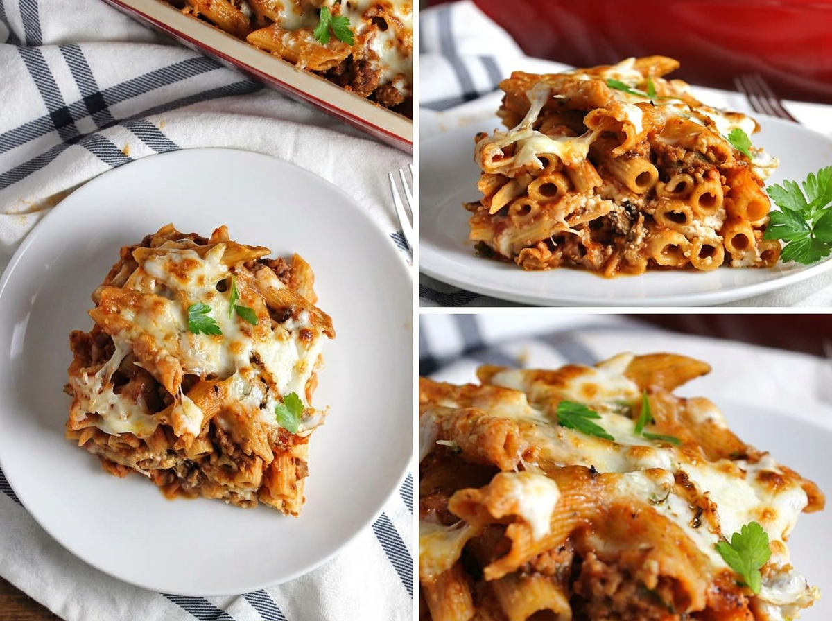 a collage of baked pasta sausage and zucchini pictures