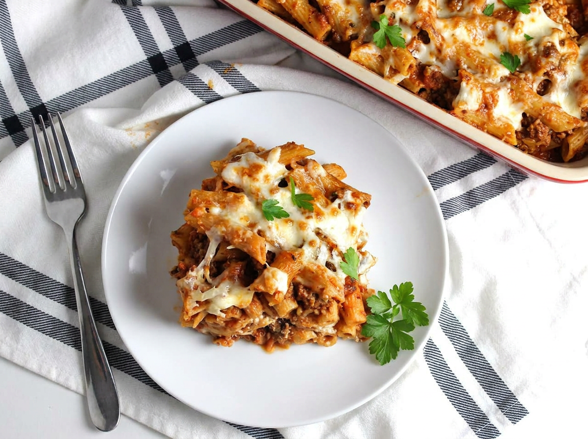 sausage pasta bake on a plate near a casserole dish
