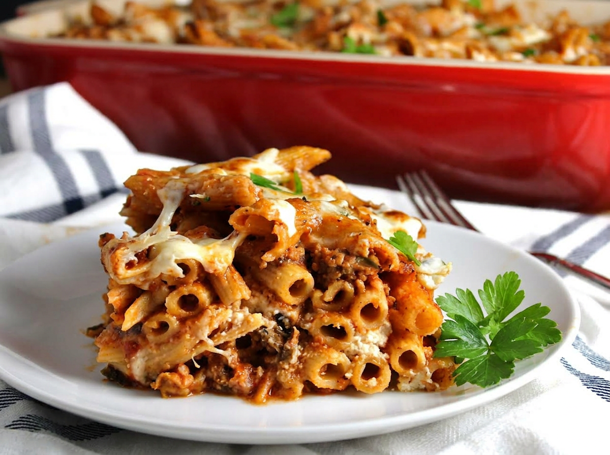 baked pasta sausage and zucchini on a plate