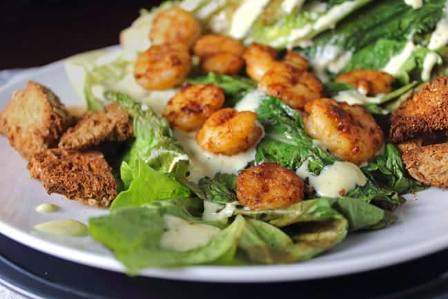 Pan Seared Chipotle Shrimp with Grilled Romaine and Homemade Caesar Dressing