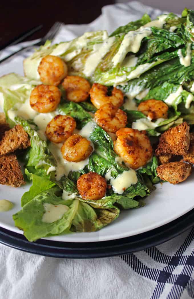 Pan Seared Chipotle Shrimp with Grilled Romaine and Homemade Caesar Dressing