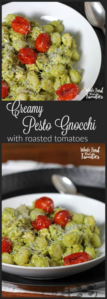 Creamy Avocado Pesto Gnocchi with Roasted Tomatoes is delicious and crazy fast. Perfect for when you are pressed for time but still want to get a real, nourishing meal on the table for your family.