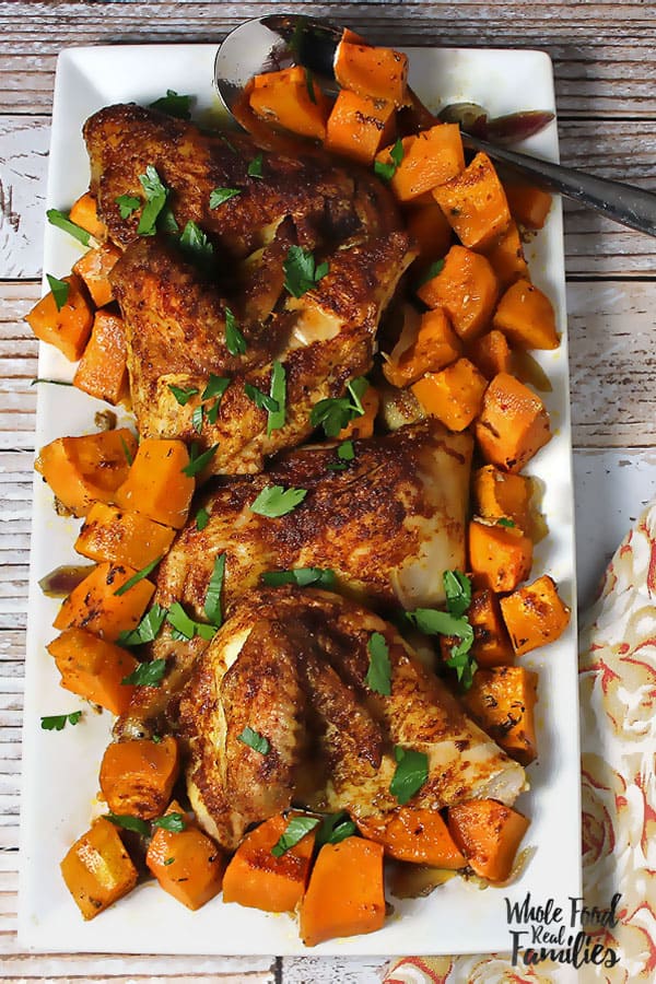Warm Spiced Chicken Over Sweet Potatoes