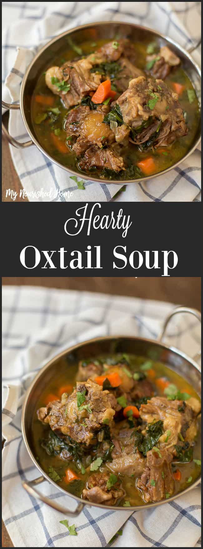 This hearty Oxtail Soup Recipe is thicker than a soup, but not quite a stew. Rich and full of veggies, you are going to love this beefy flavor! #beef #recipe #stew #oxtail
