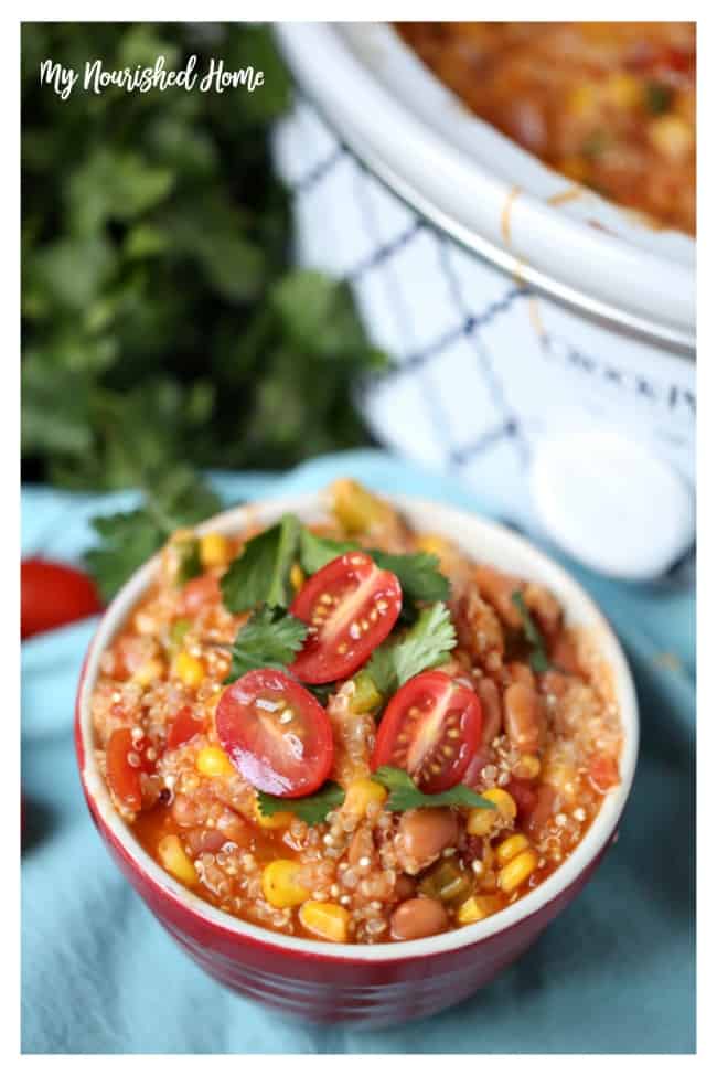 This Quinoa Enchilada Bowl is a flavorful vegetarian meal that is full of flavor and high in protein. Love that it cooks in the slow cooker!