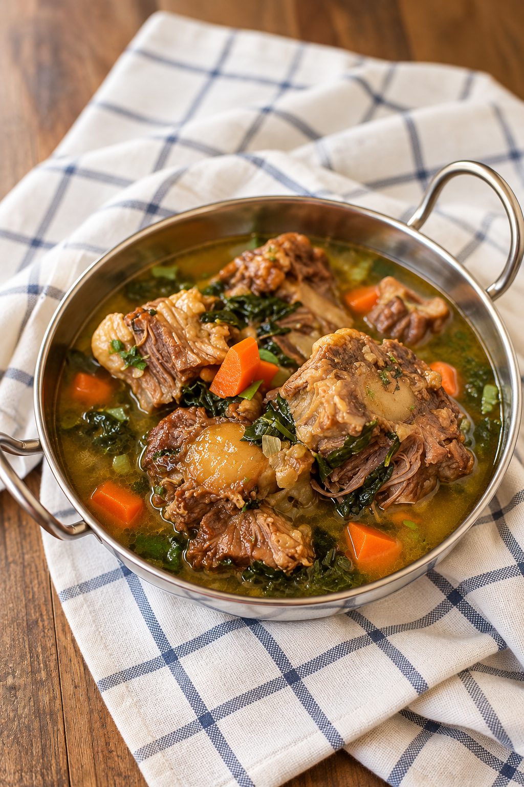 Beef Oxtail Soup with carrots and potatoes in a serving dish