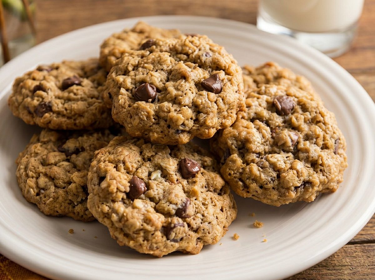 cinnamon oatmeal cookies on a plate with milk in the background