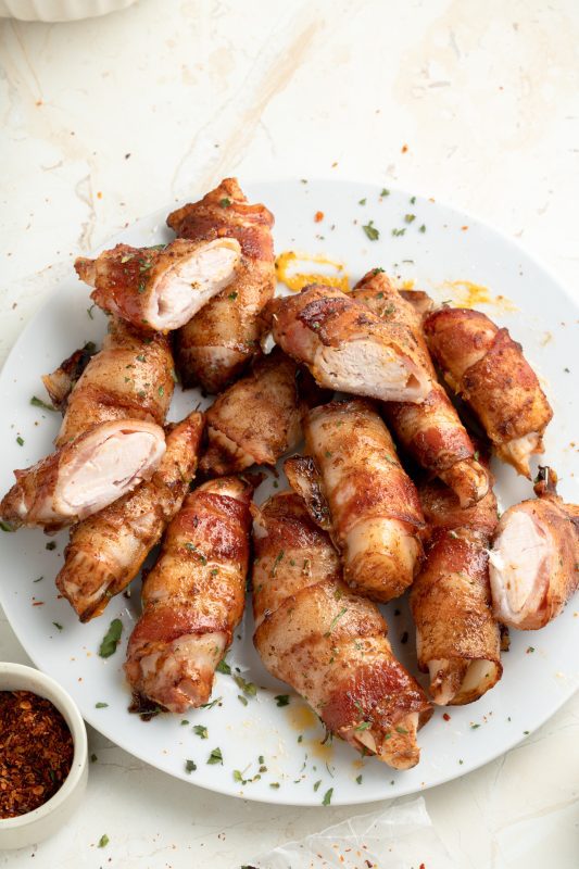 bacon wrapped chicken tenders with cheddar cheese