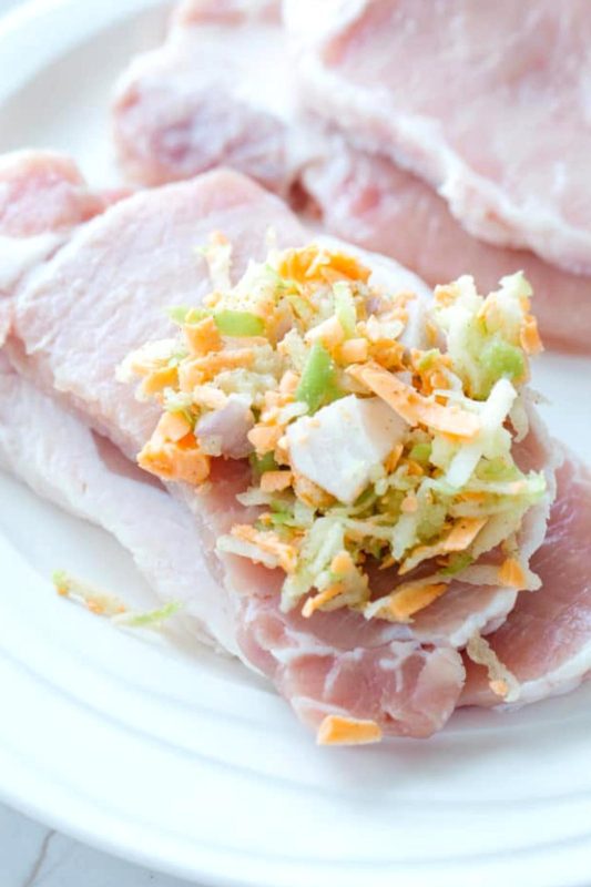 stuffed pork chops being prepared 