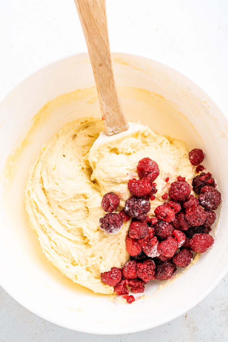 Mixing ingredients to White Chocolate Raspberry Cookies
