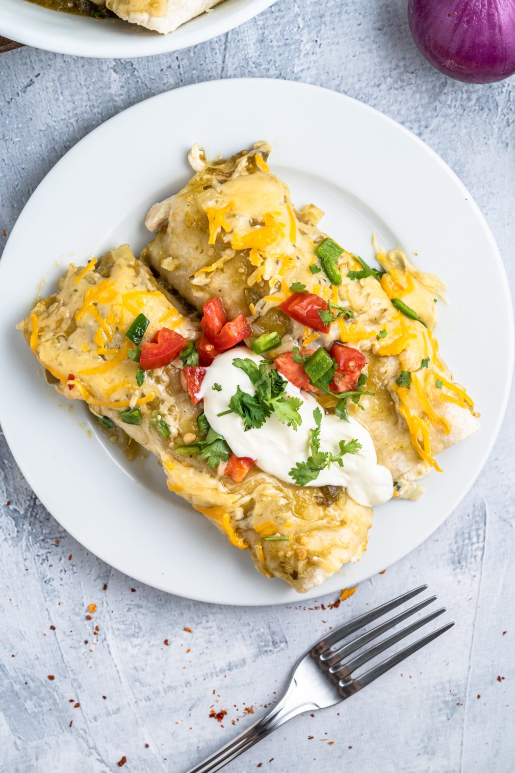 Chicken Enchiladas Verde on a plate
