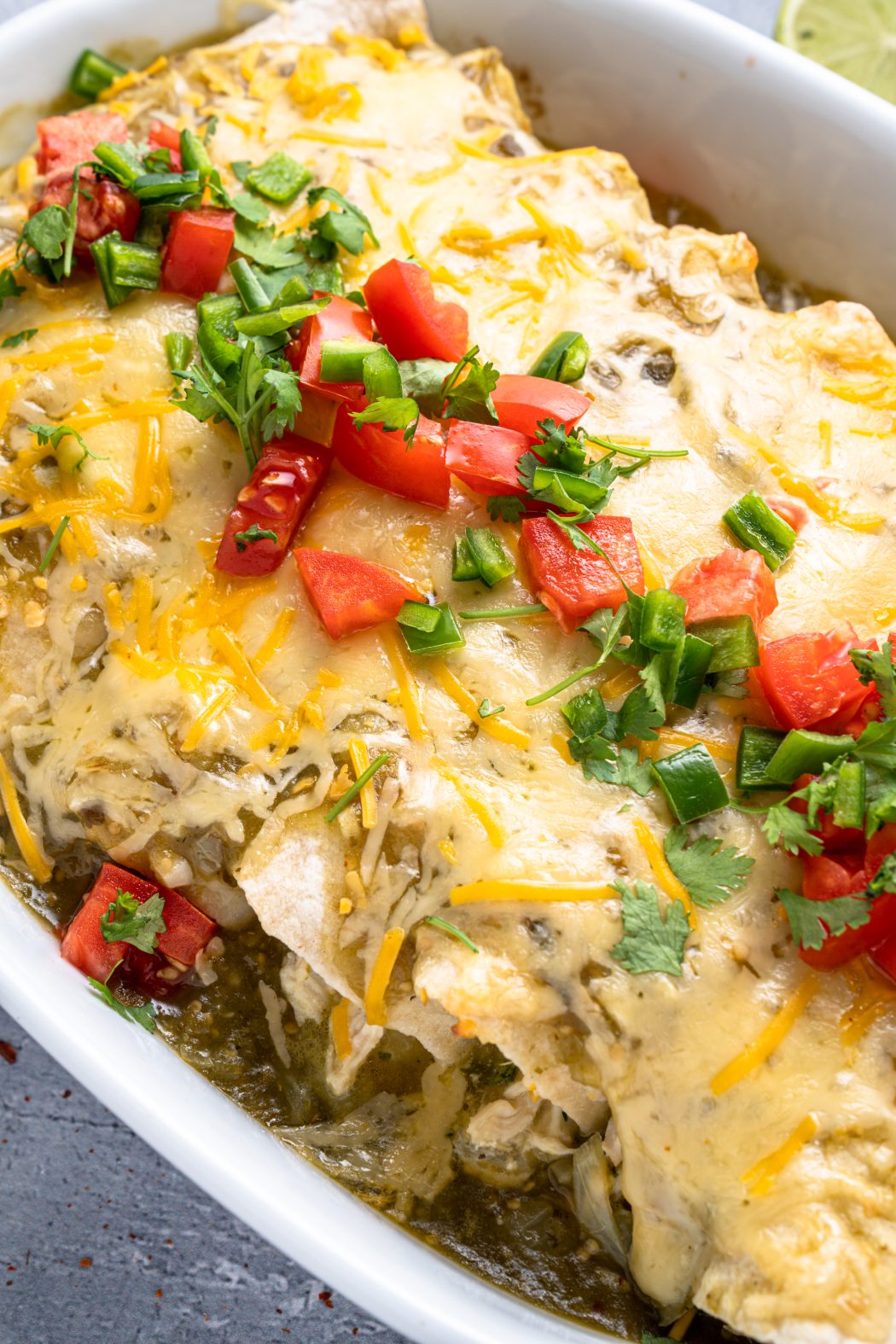 close up of Chicken Enchiladas Verde
