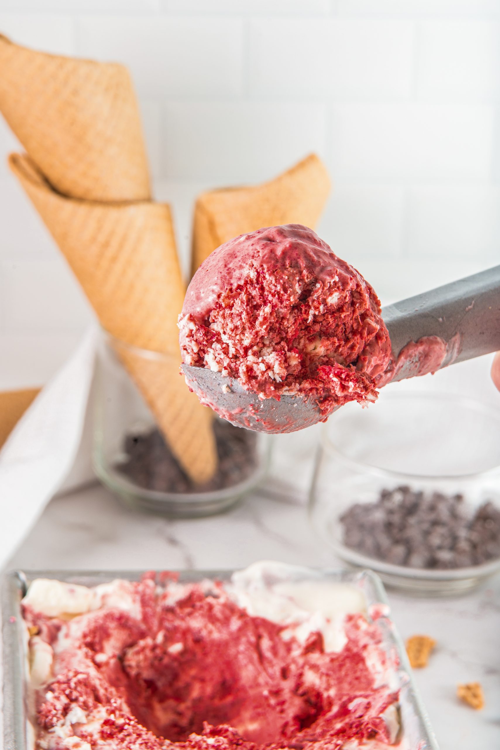 a scoop of red velvet ice cream
