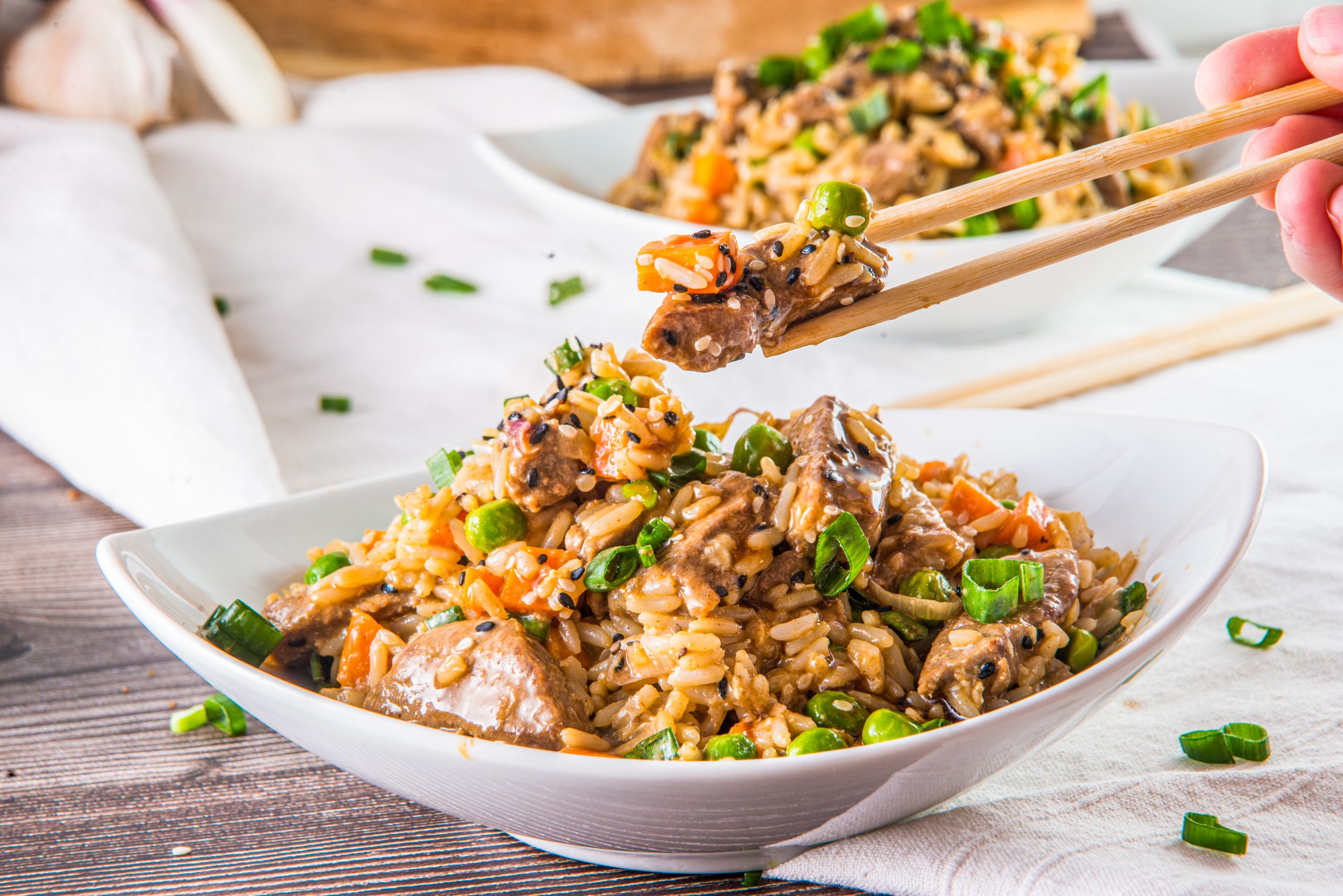 Steak Fried Rice with chopsticks
