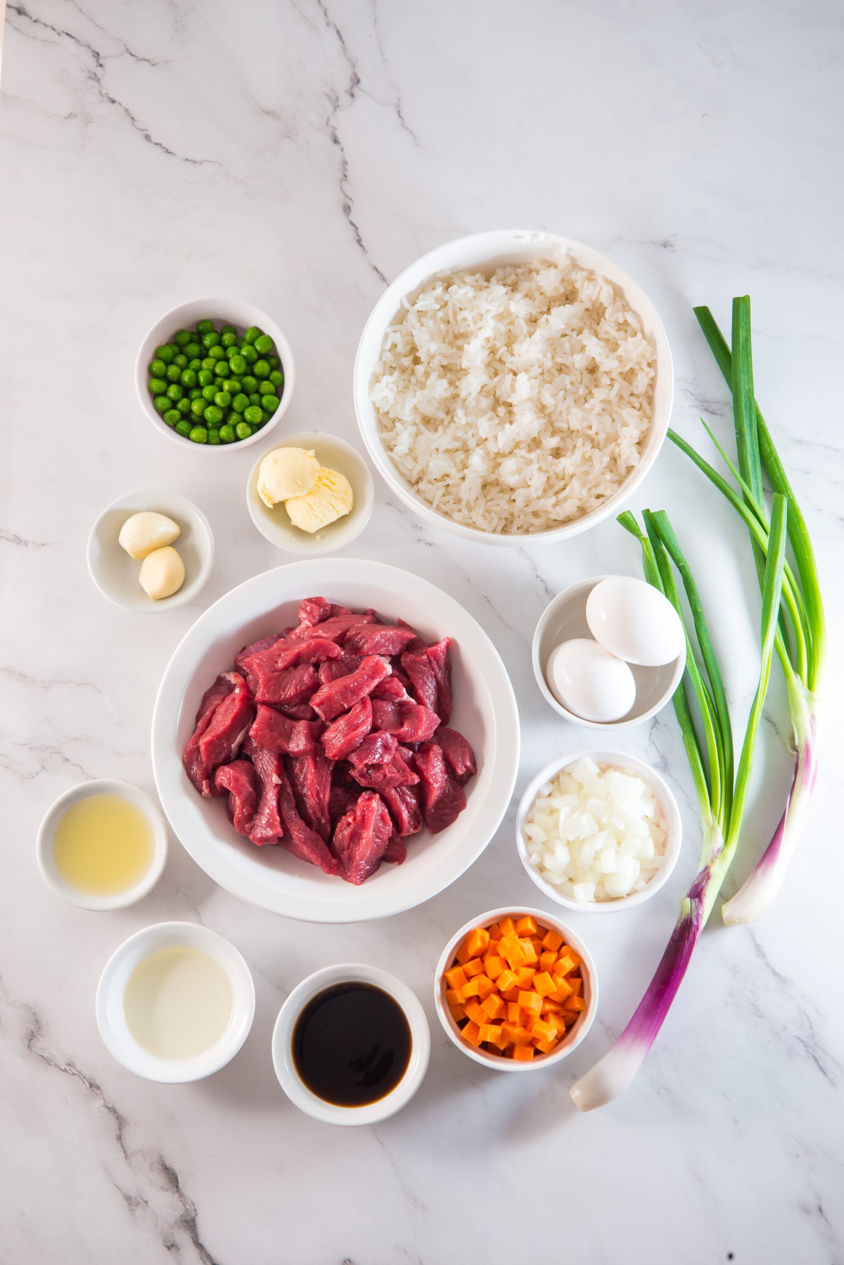 All of the ingredients in Steak Fried Rice 