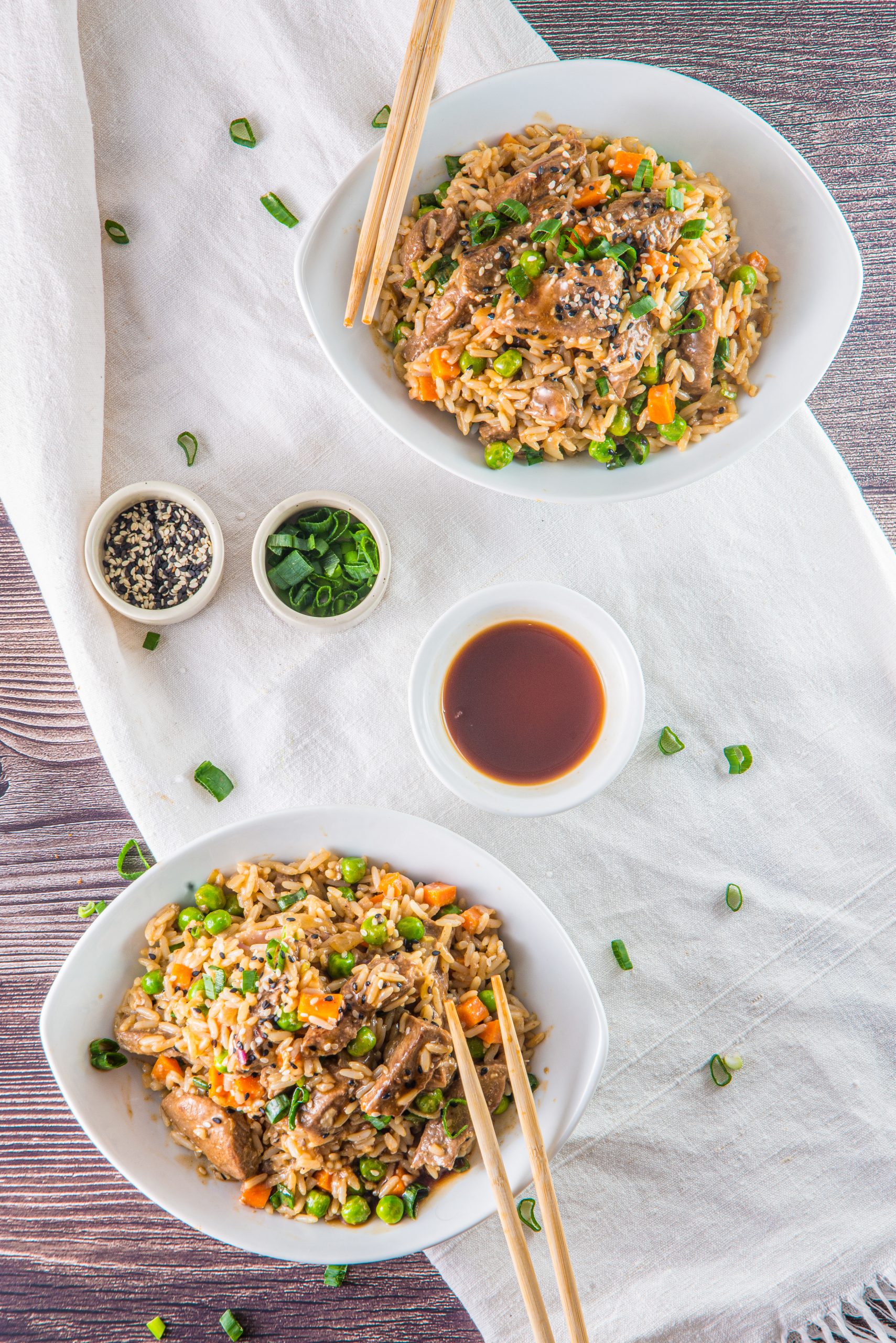two bowls of steak fried rice