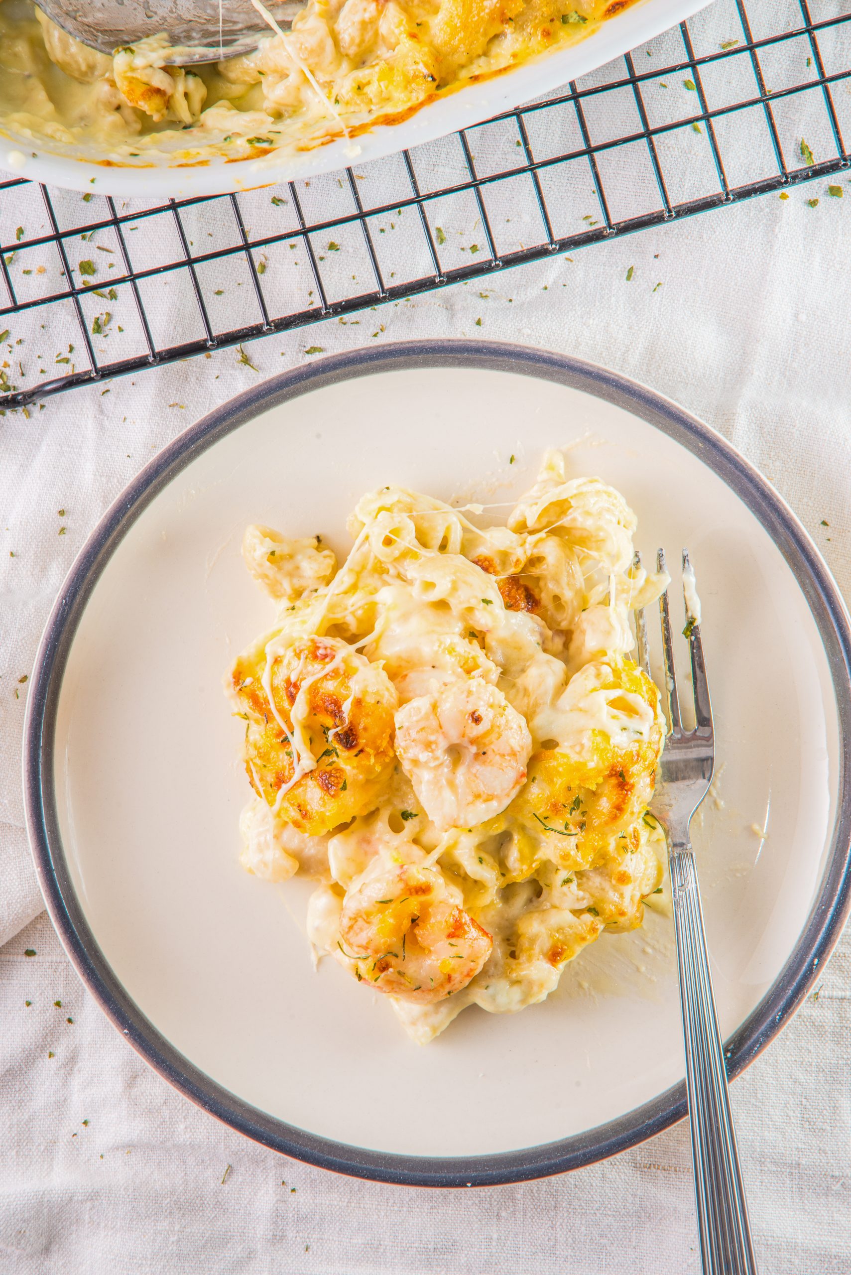 seafood mac and cheese on a plate