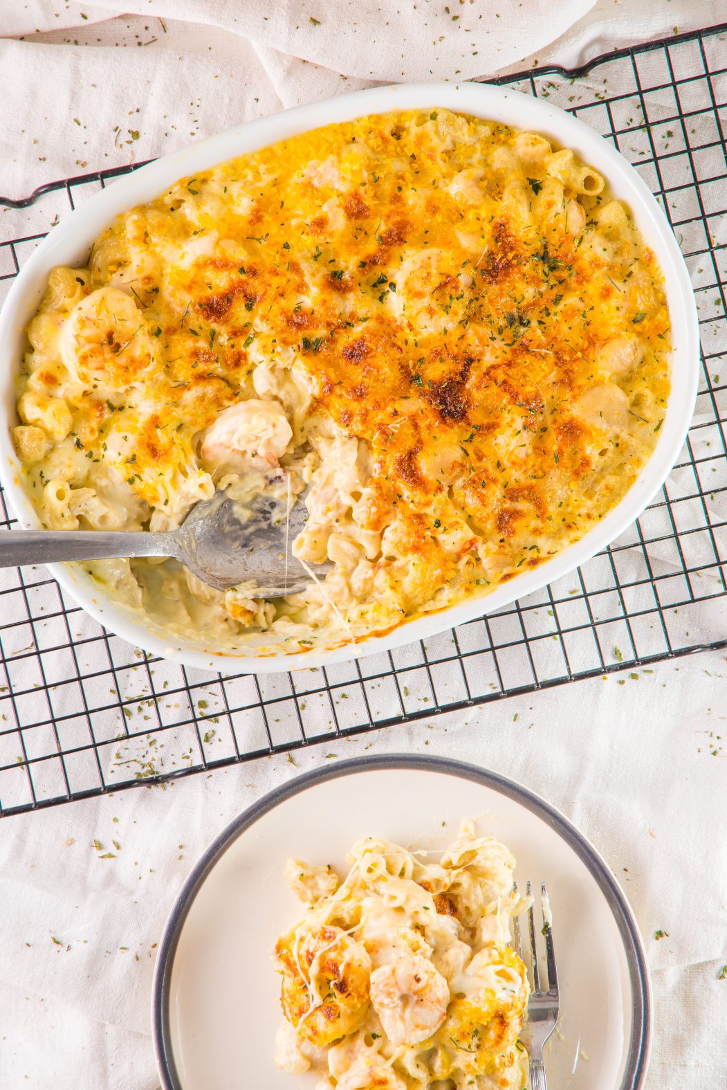 baked seafood mac and cheese in a baking dish