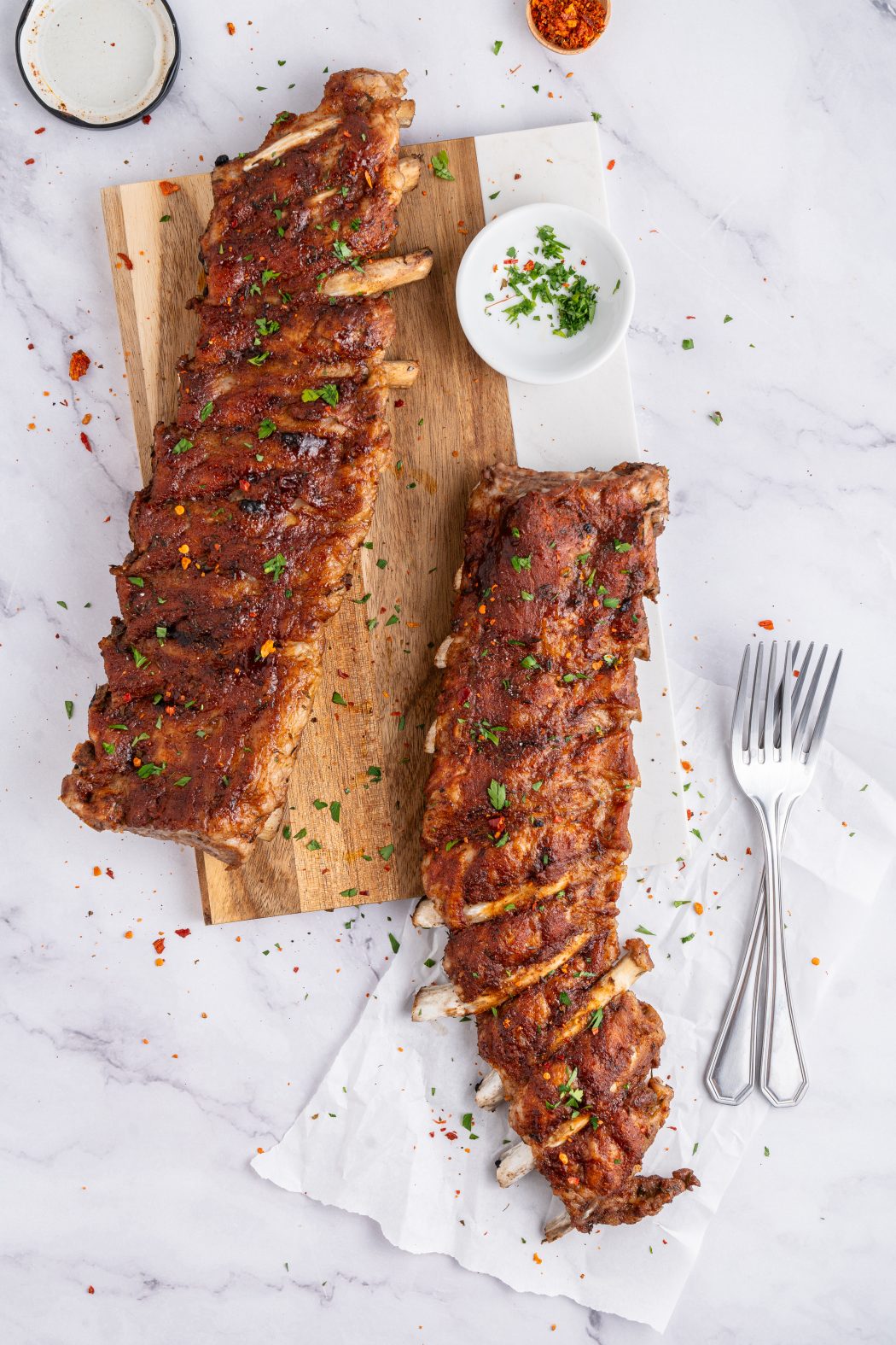 Overhead of two racks of Instant pot baby back ribs