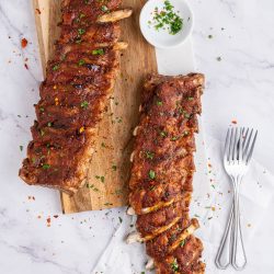 Overhead of two racks of Instant pot baby back ribs