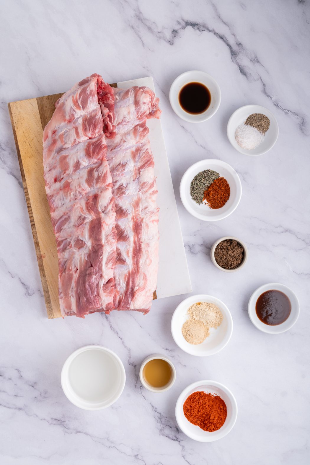 Overhead of ingredients for Instant pot baby back ribs