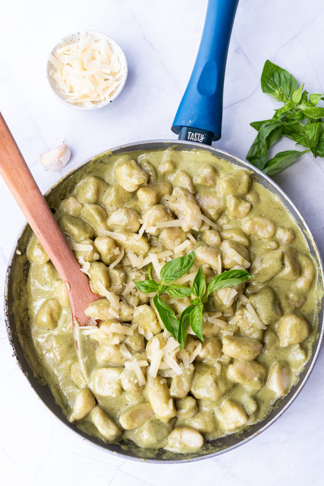 Overhead of potato gnocchi in a pan