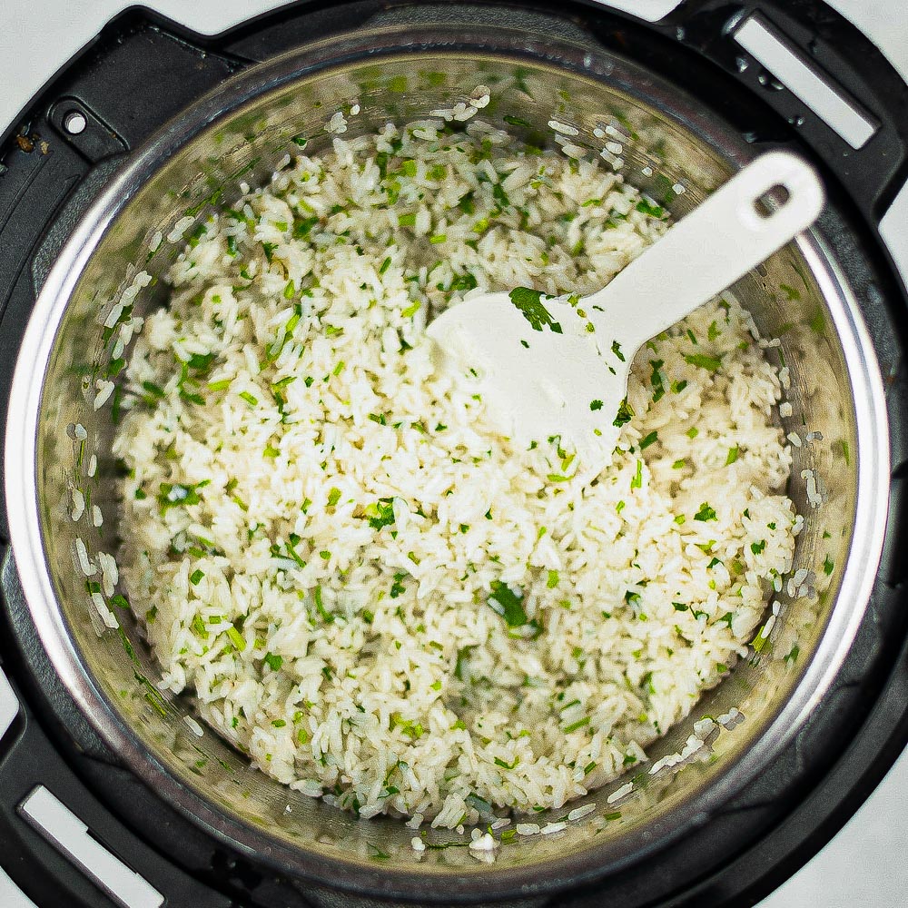 cilantro lime rice in an Instant Pot with a spoon
