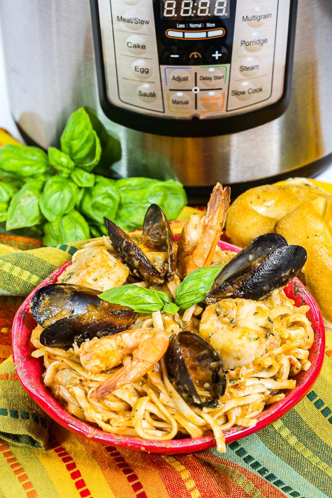 Seafood Marinara Pasta with an Instant Pot in the background