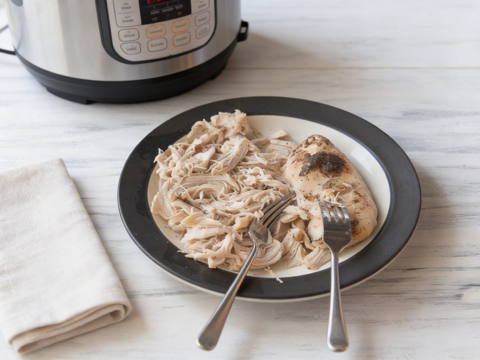 shredded chicken on a plate near an Instant pot
