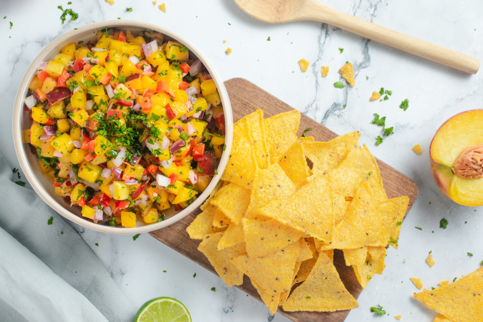 peach and mango salsa with tortilla chips