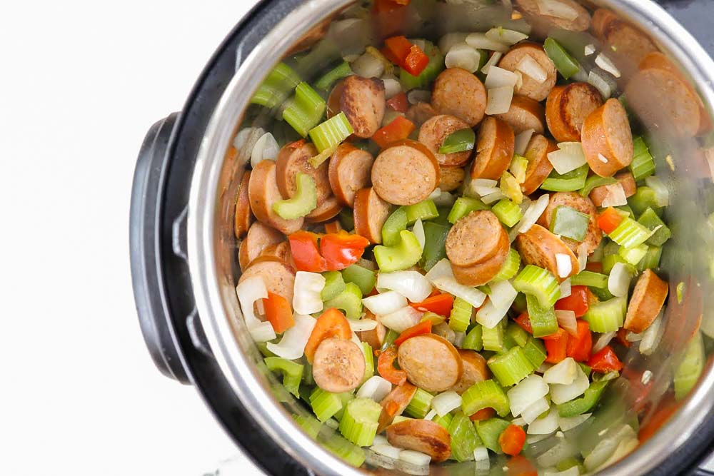 vegetables and sausage sauteing in the Instant Pot for Gumbo