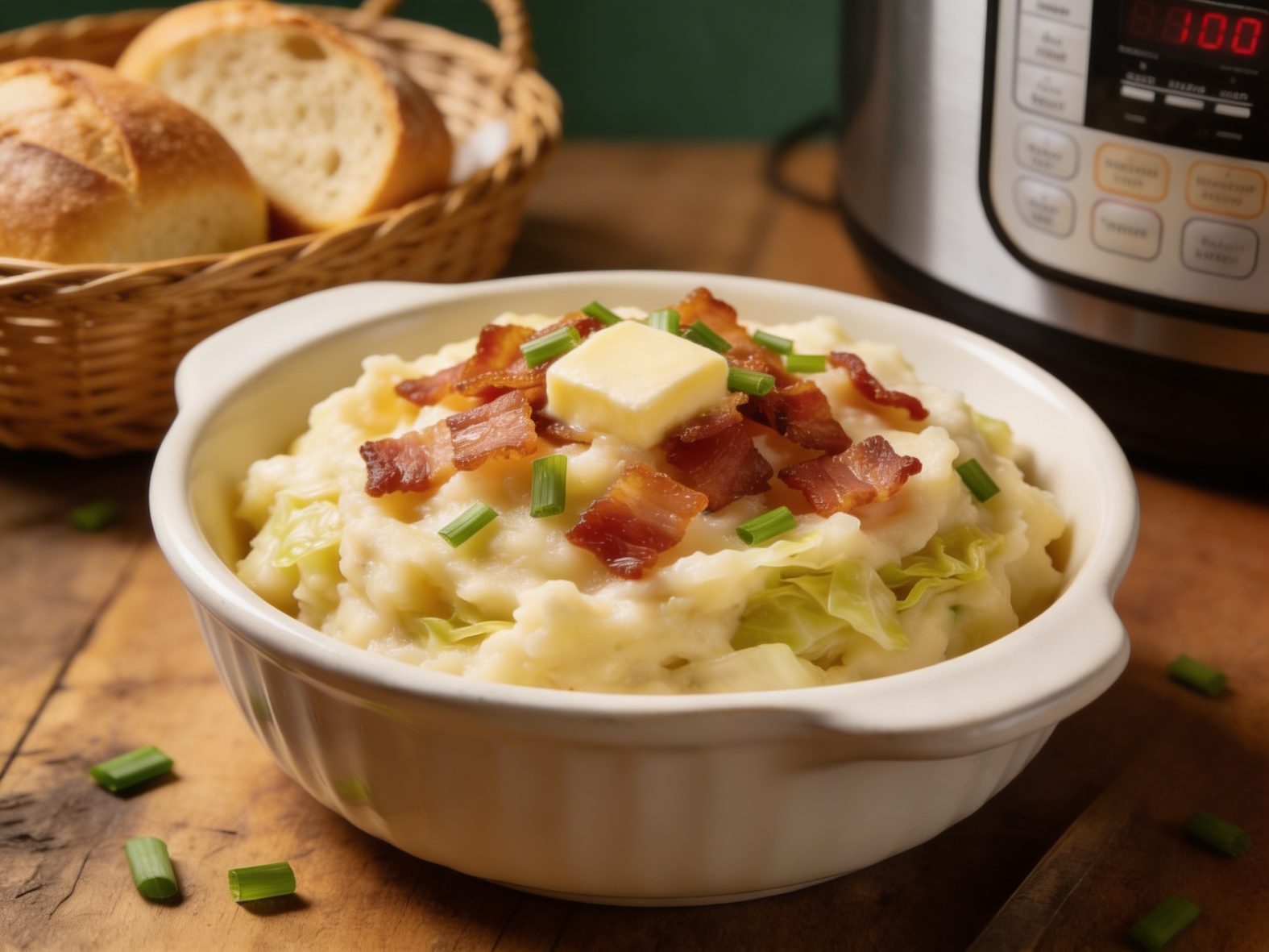 Colcannon in a bowl with an Instant Pot and bread in the backround