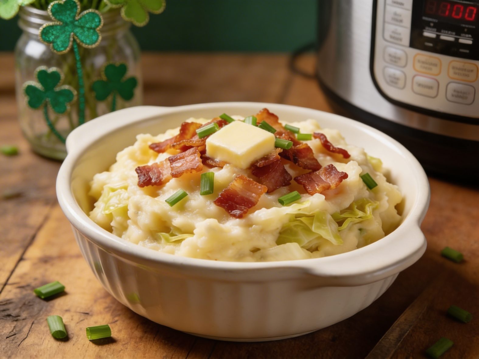 I a bowl of Irish Colcannon with an Instant Pot and clover in the background