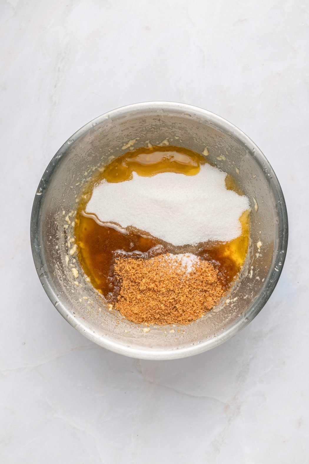 ingredients to white chocolate brownies in a bowl